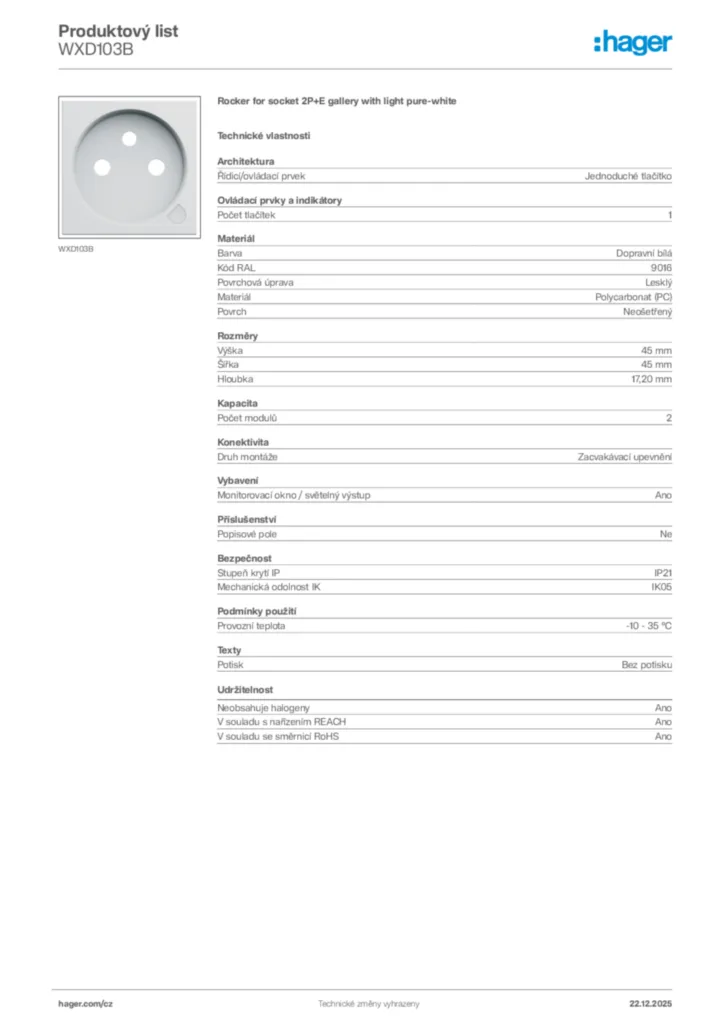 Obrázek Hager Produktový list WXD103B | Hager
