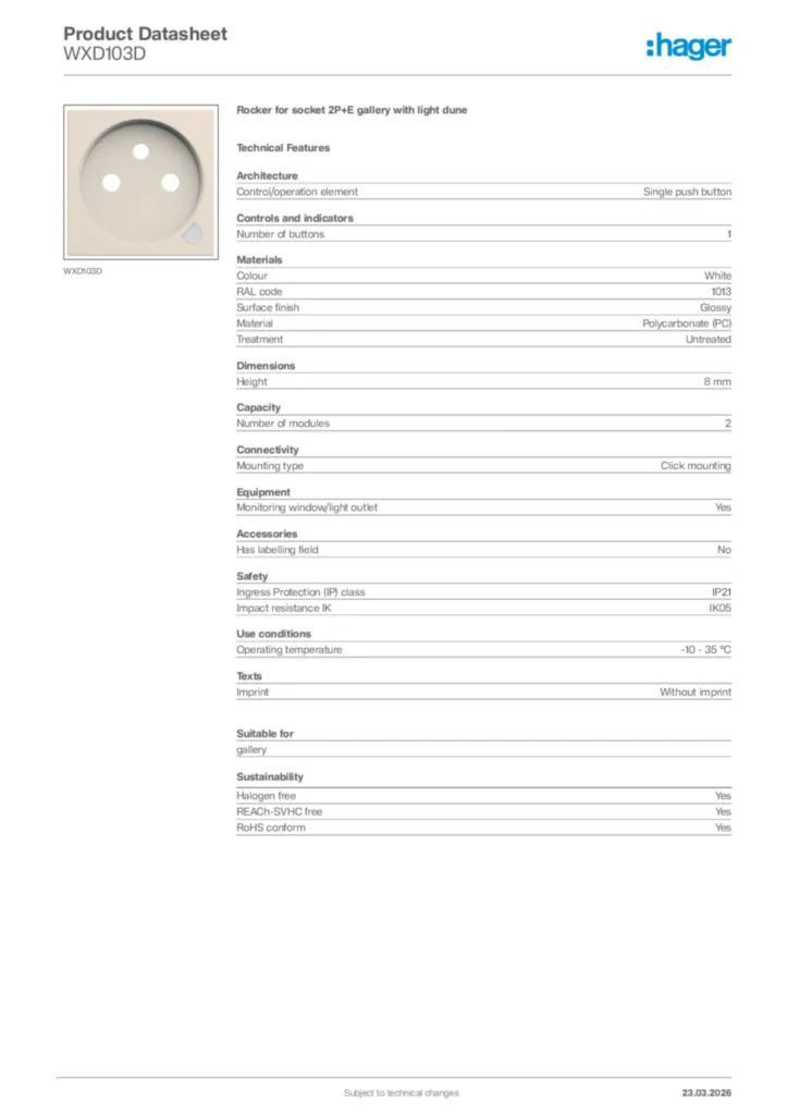 Image Hager Product data sheet WXD103D  | Hager Africa