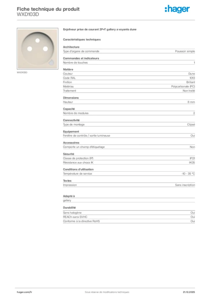 Image Hager Fiche technique du produit WXD103D | Hager France