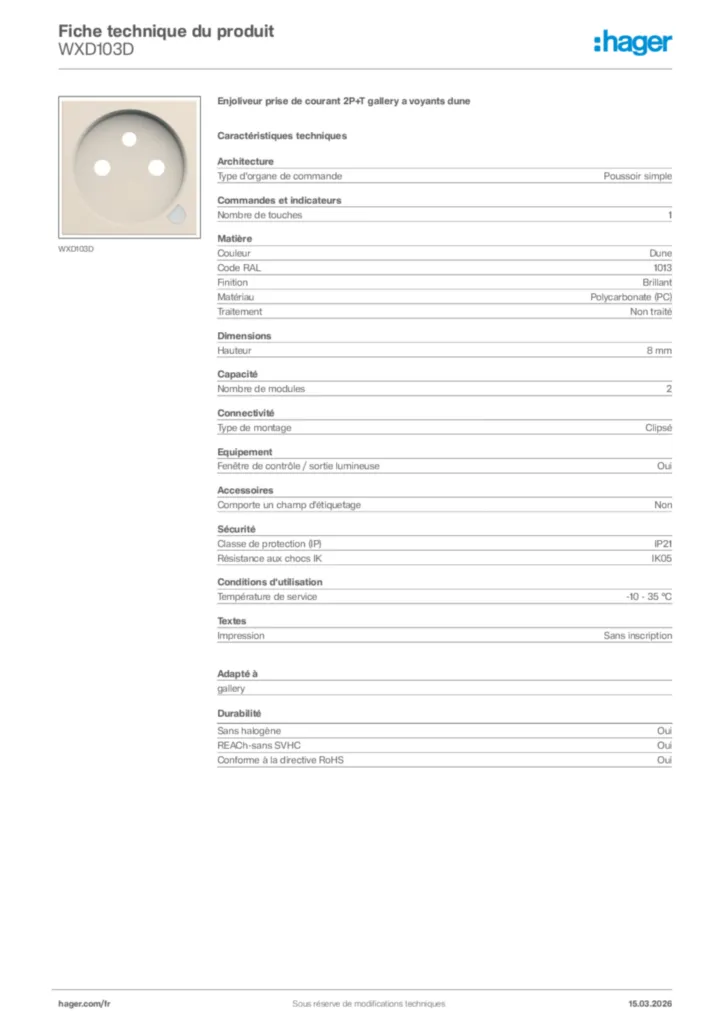 Image Hager Fiche technique du produit WXD103D | Hager France
