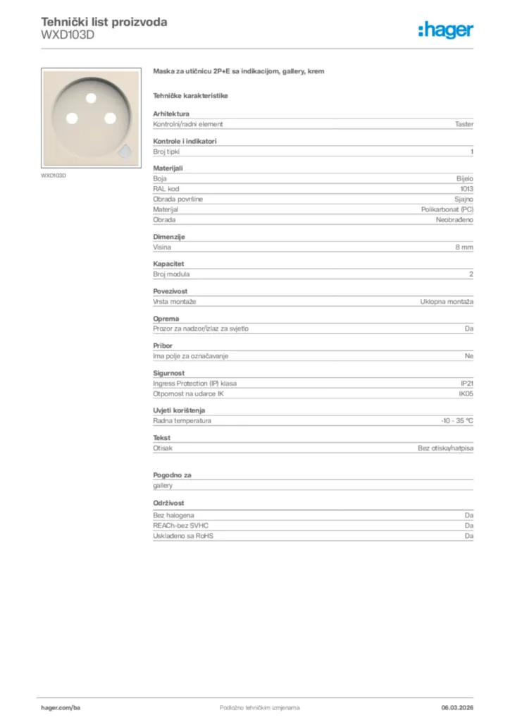 Slika Hager Tehnički list proizvoda WXD103D  | Hager