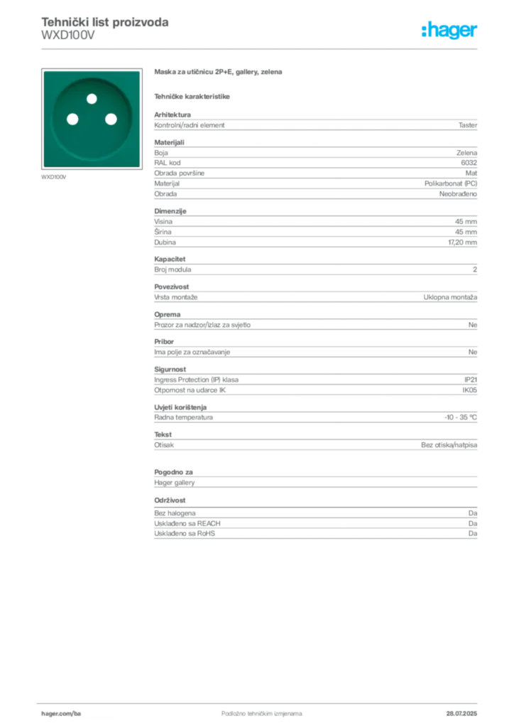 Slika Hager Product data sheet WXD100V  | Hager