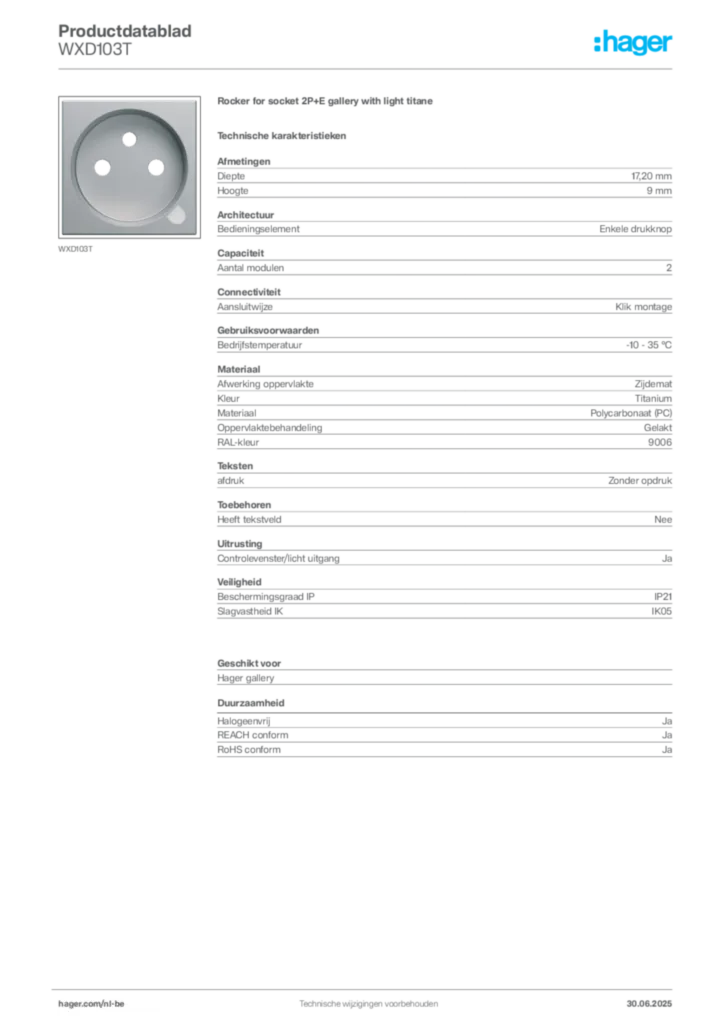Afbeelding Hager Productdatablad WXD103T | Hager Belgium