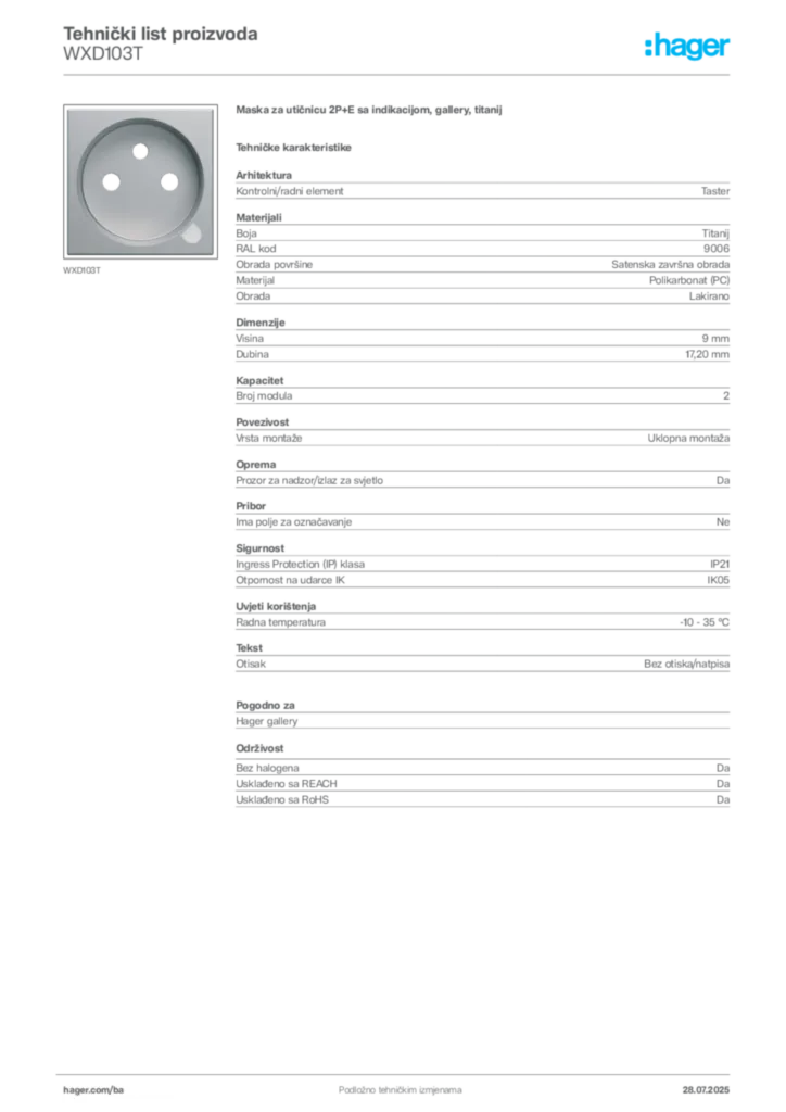 Slika Hager Product data sheet WXD103T  | Hager