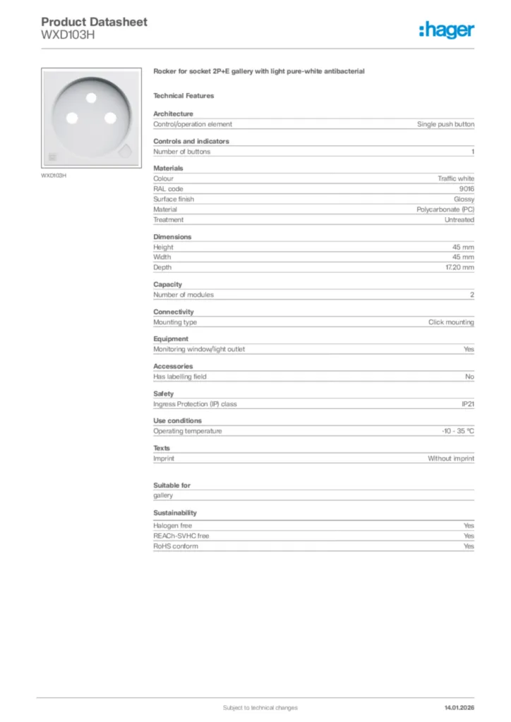 Image Hager Product data sheet WXD103H  | Hager Africa