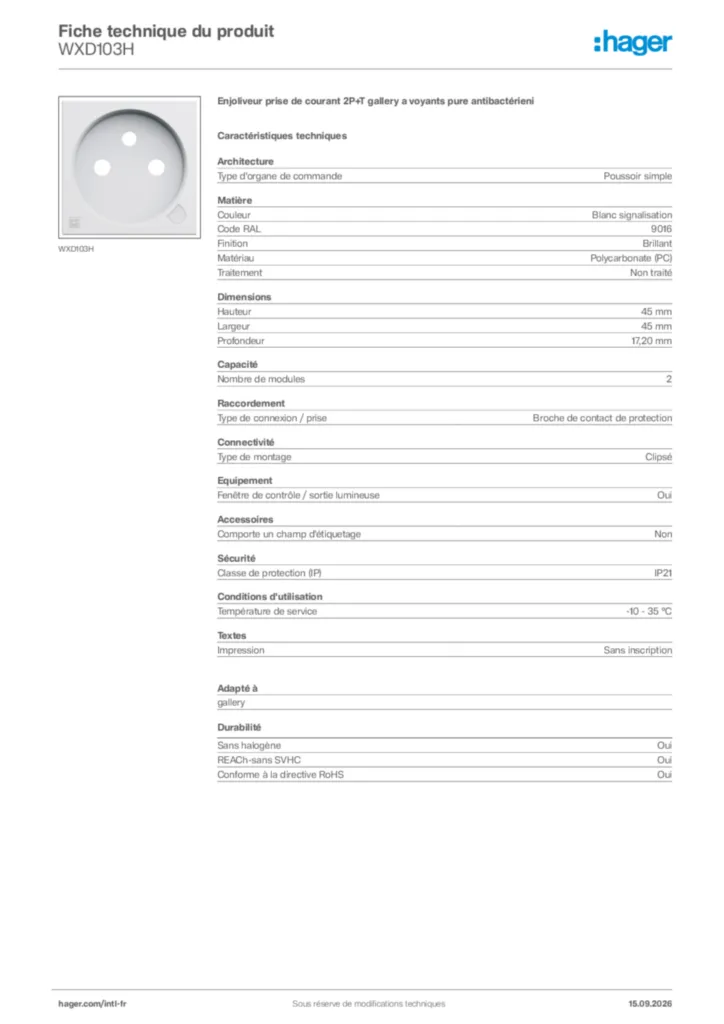 Image Hager Fiche technique du produit WXD103H | Hager Afrique