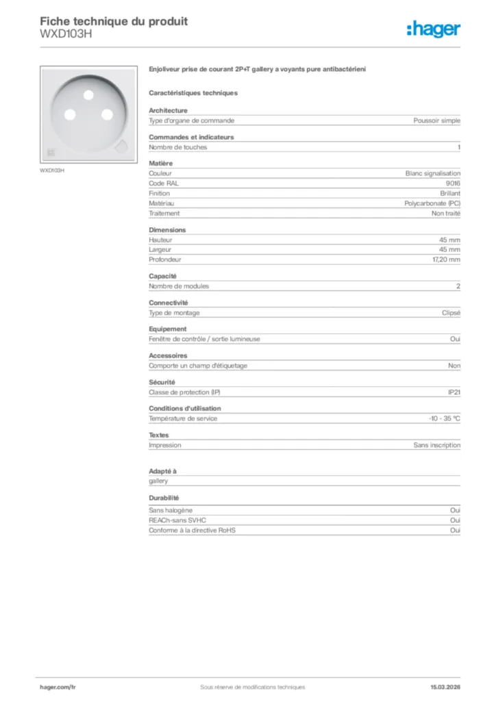 Image Hager Fiche technique du produit WXD103H | Hager France