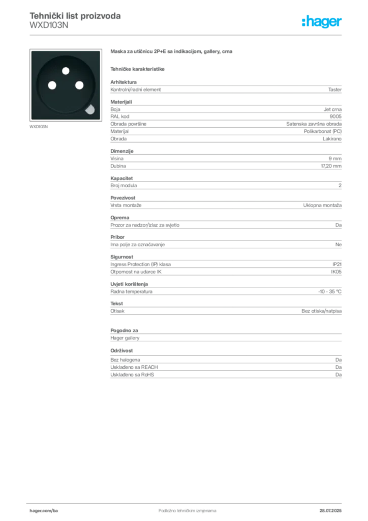Slika Hager Product data sheet WXD103N  | Hager
