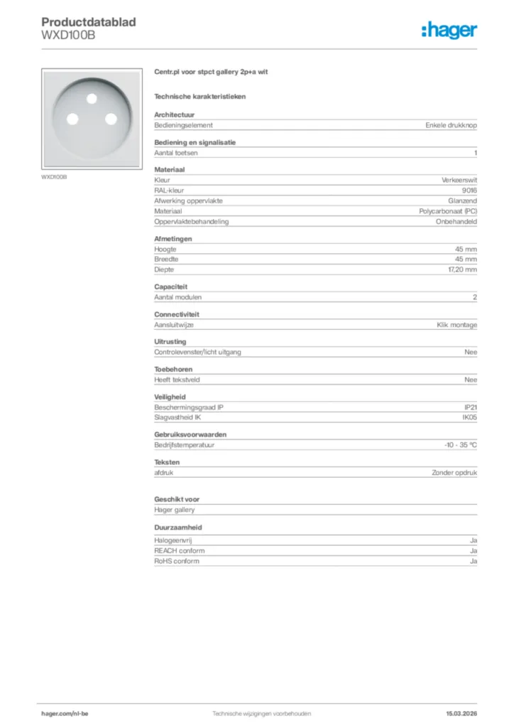 Afbeelding Hager Productdatablad WXD100B | Hager Belgium