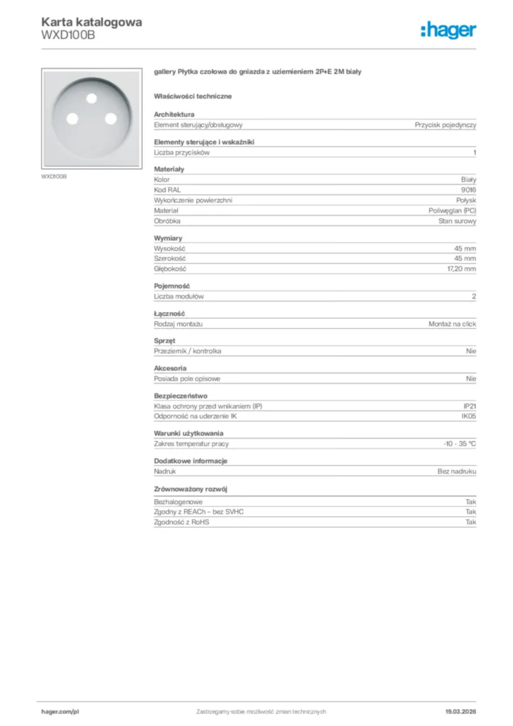 Zdjęcie Hager Karta katalogowa WXD100B | Hager Polska