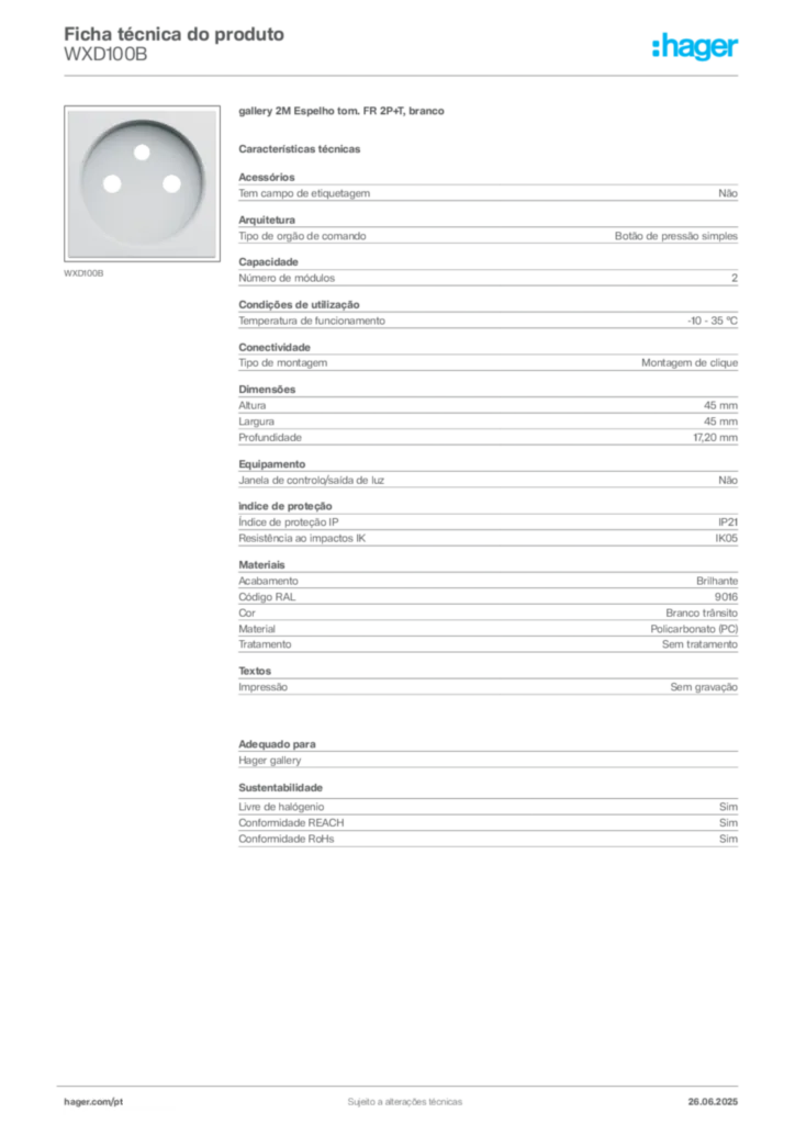 Imagem Hager Ficha técnica do produto WXD100B | Hager Portugal