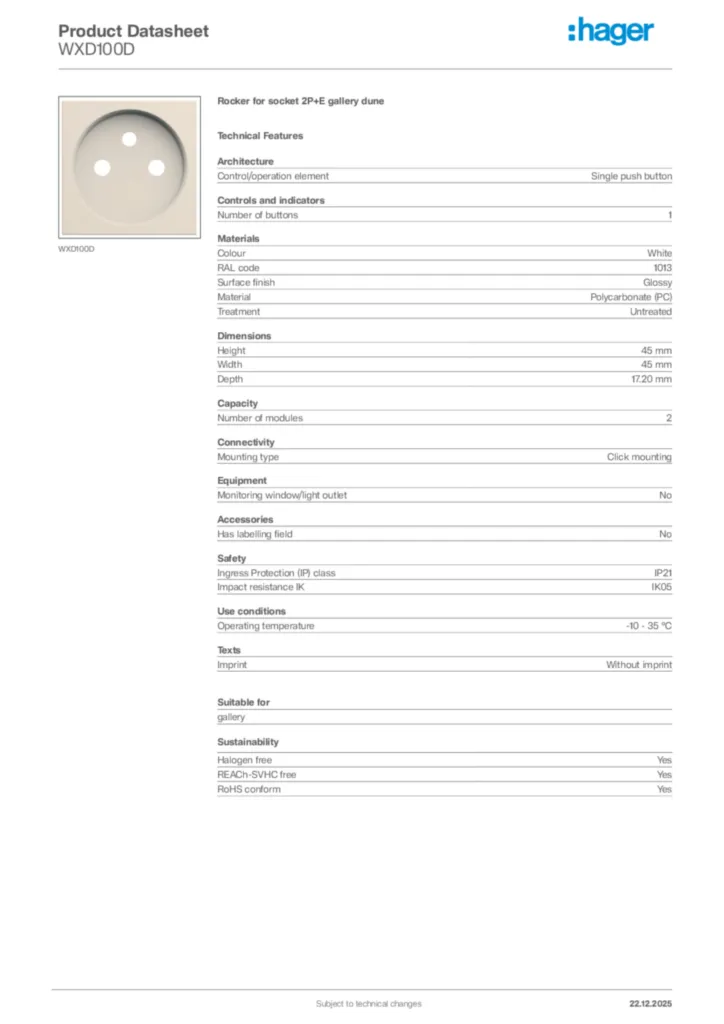 Image Hager Product data sheet WXD100D  | Hager Africa