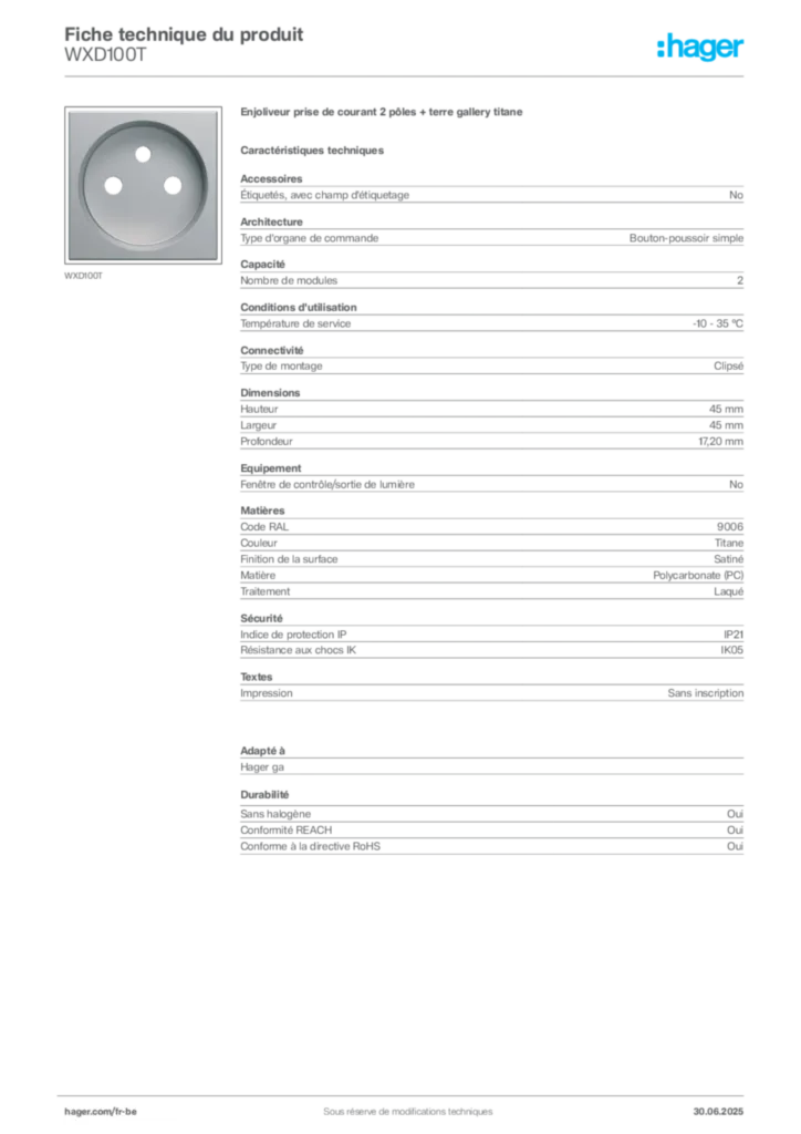 Image Hager Fiche technique du produit WXD100T | Hager Belgique