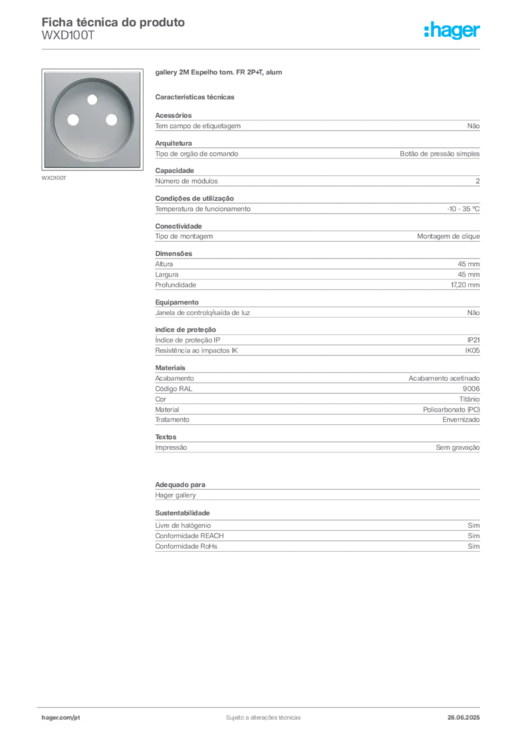 Imagem Hager Ficha técnica do produto WXD100T | Hager Portugal