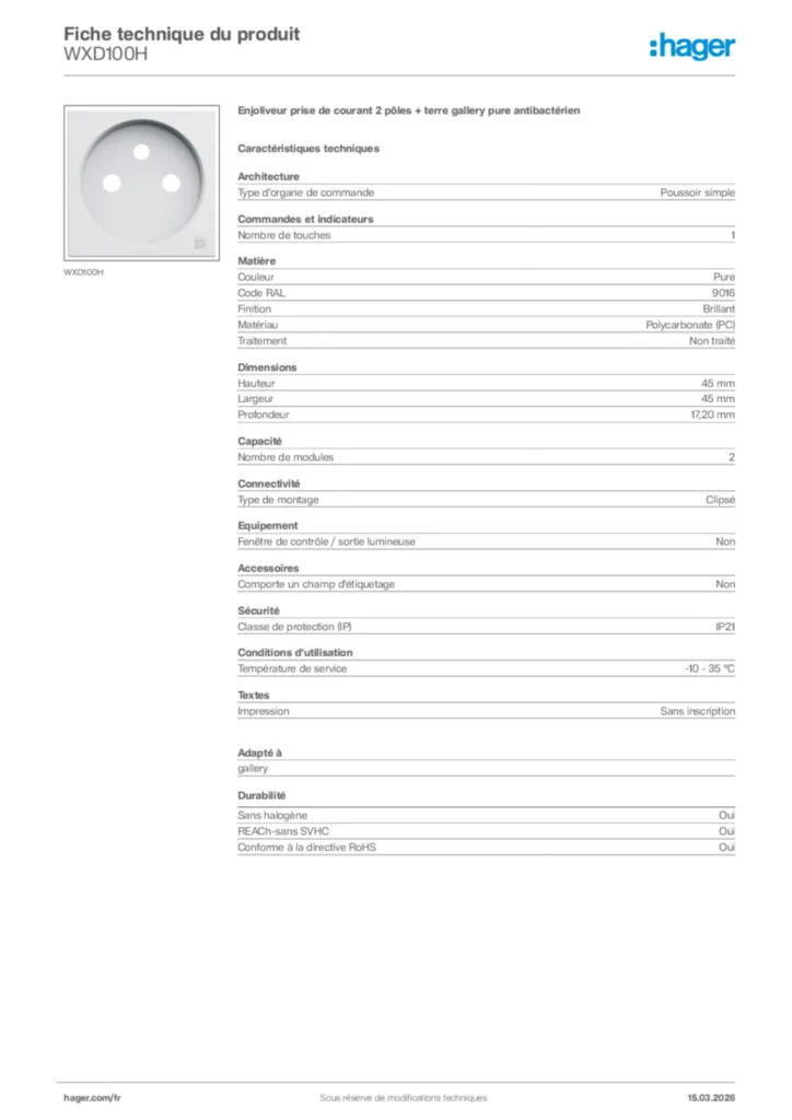 Image Hager Fiche technique du produit WXD100H | Hager France
