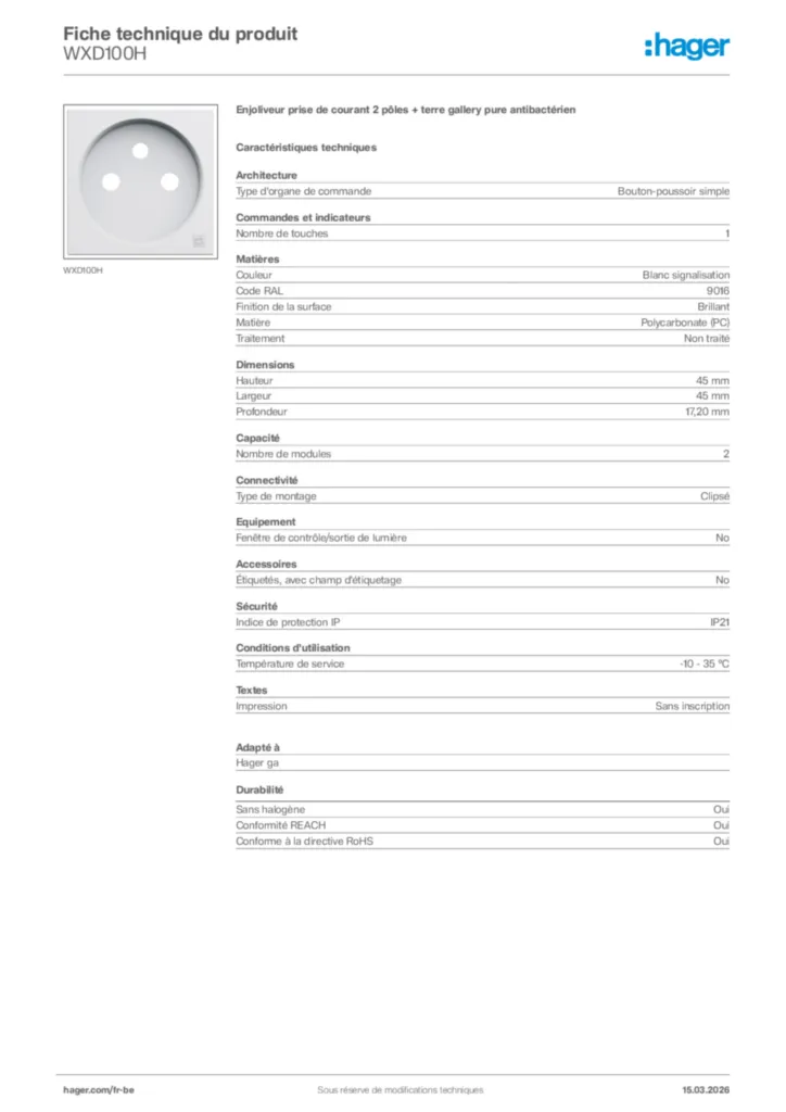 Image Hager Fiche technique du produit WXD100H | Hager Belgique