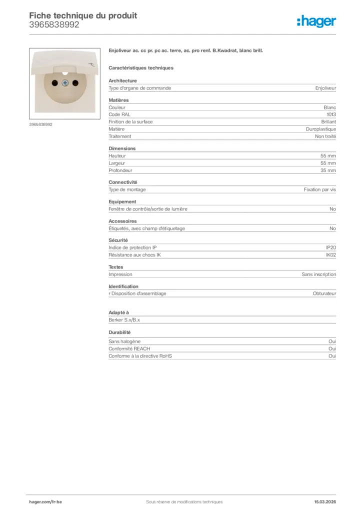 Image Hager Fiche technique du produit 3965838992 | Hager Belgique