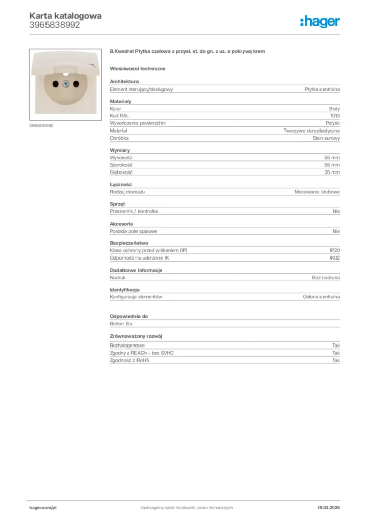 Zdjęcie Hager Karta katalogowa 3965838992 | Hager Polska