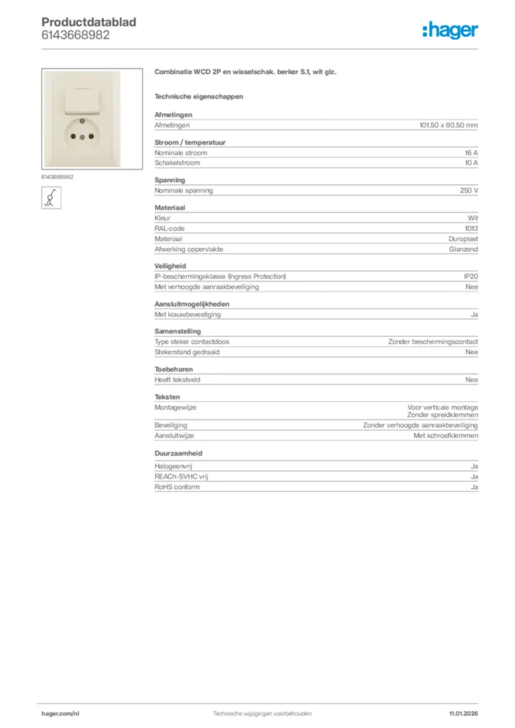 Afbeelding Hager Productdatablad 6143668982 | Hager Nederland