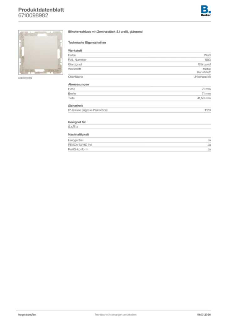 Bild Berker Produktdatenblatt 6710098982 | Hager Deutschland