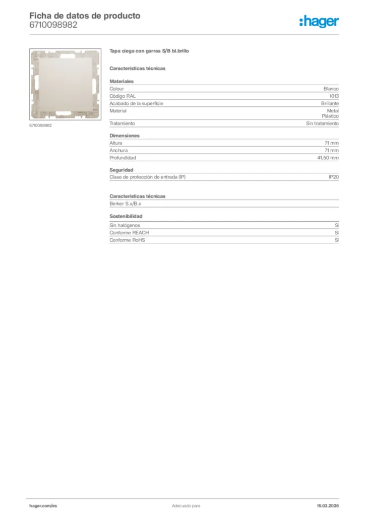 Imagen Hager Ficha de datos de producto 6710098982 | Hager España