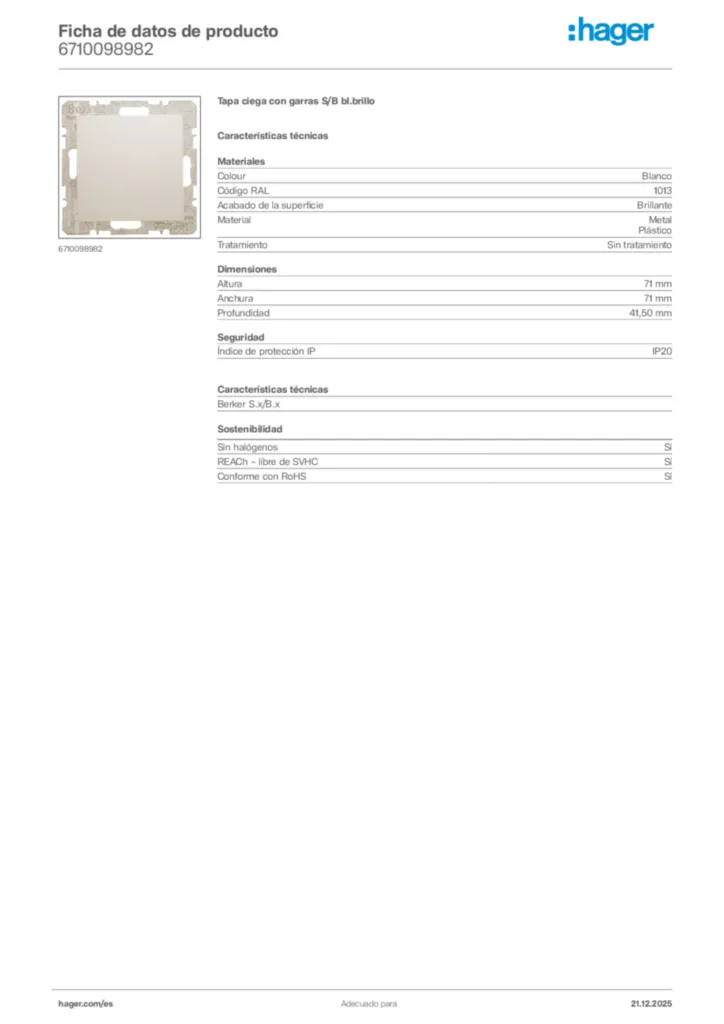 Imagen Hager Ficha de datos de producto 6710098982 | Hager España