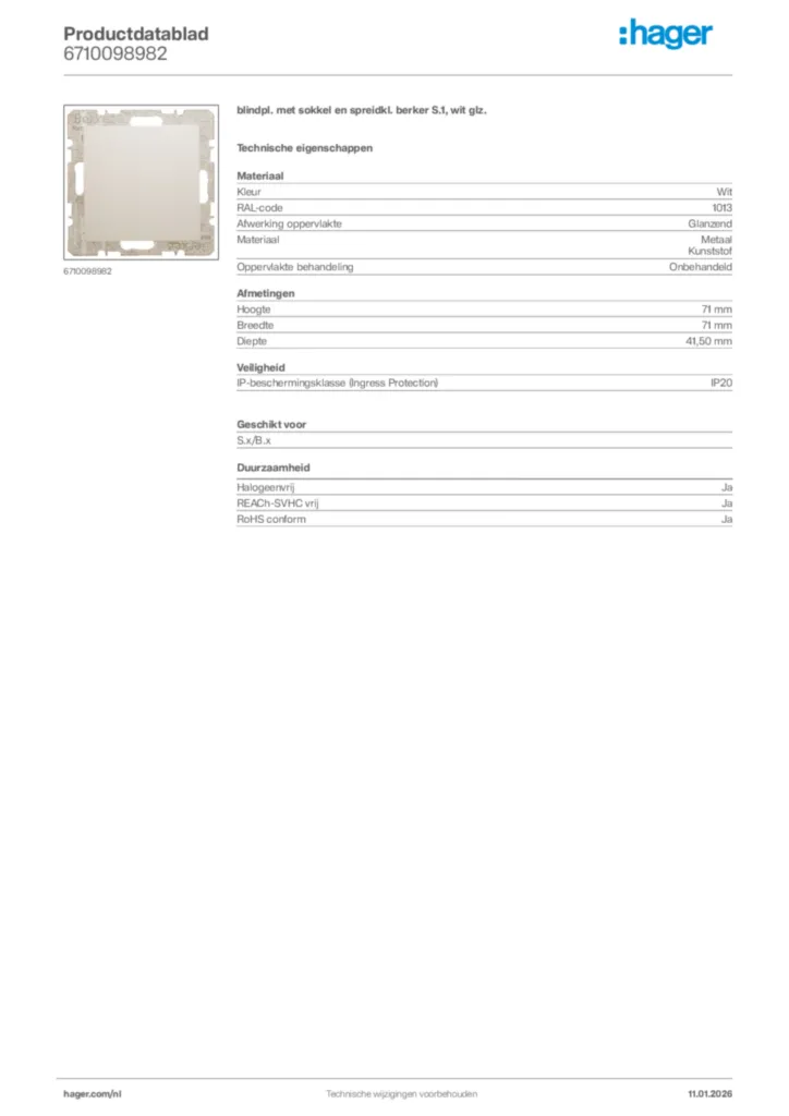 Afbeelding Hager Productdatablad 6710098982 | Hager Nederland