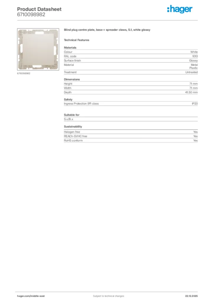 Image Hager Product data sheet 6710098982  | Hager