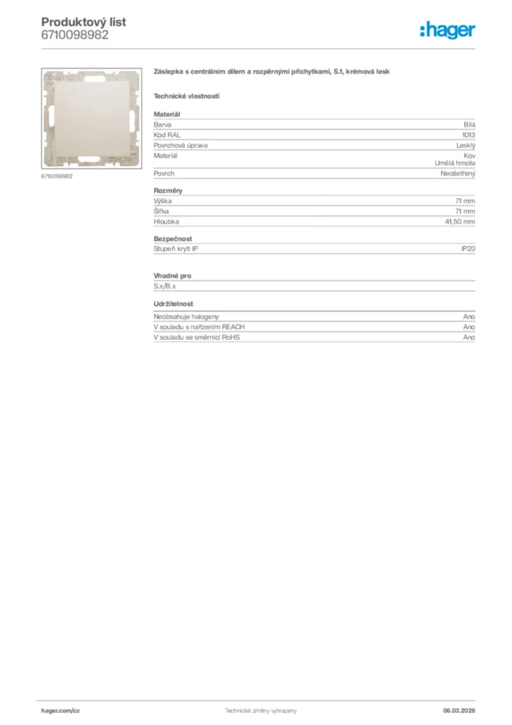 Obrázek Hager Product data sheet 6710098982 | Hager