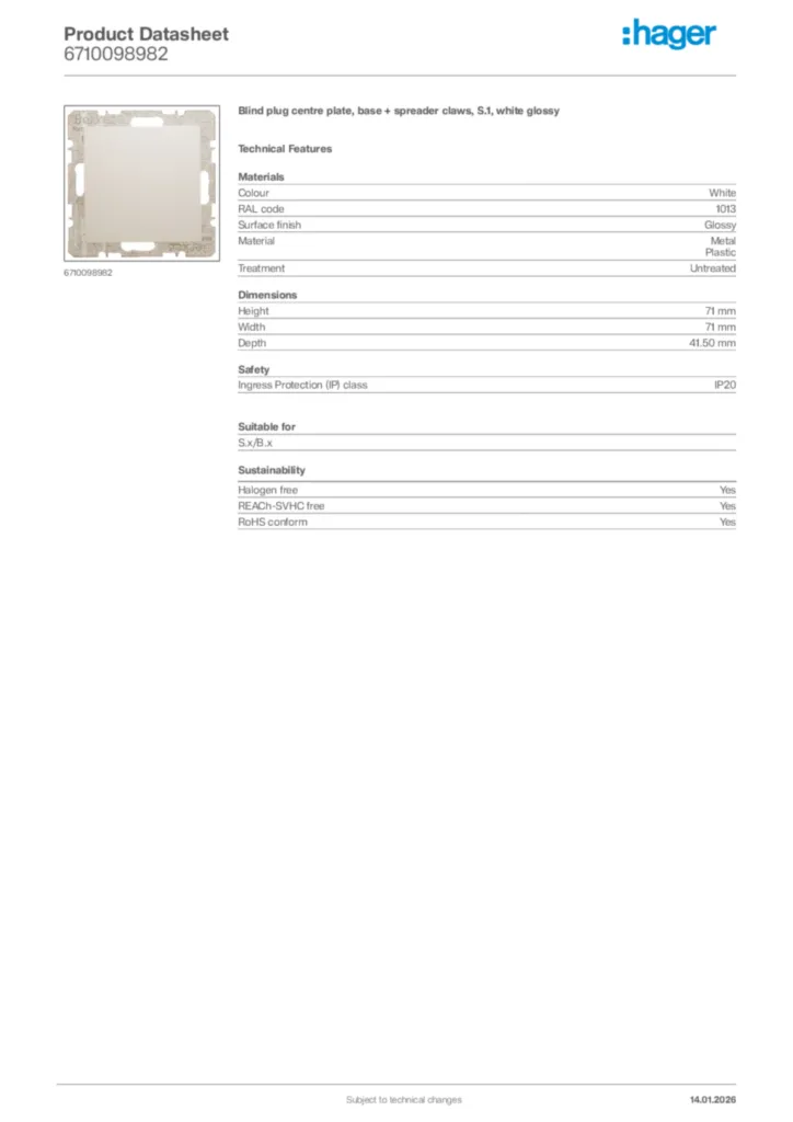 Image Hager Product data sheet 6710098982  | Hager