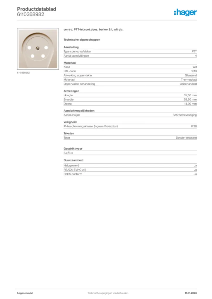 Afbeelding Hager Productdatablad 6110368982 | Hager Nederland