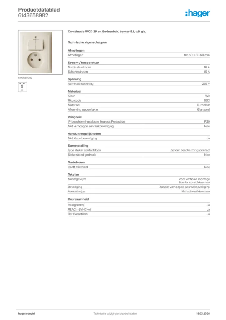 Afbeelding Hager Productdatablad 6143658982 | Hager Nederland