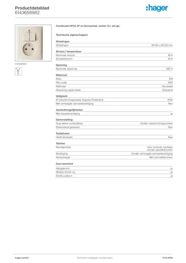 Afbeelding Hager Productdatablad 6143658982 | Hager Nederland