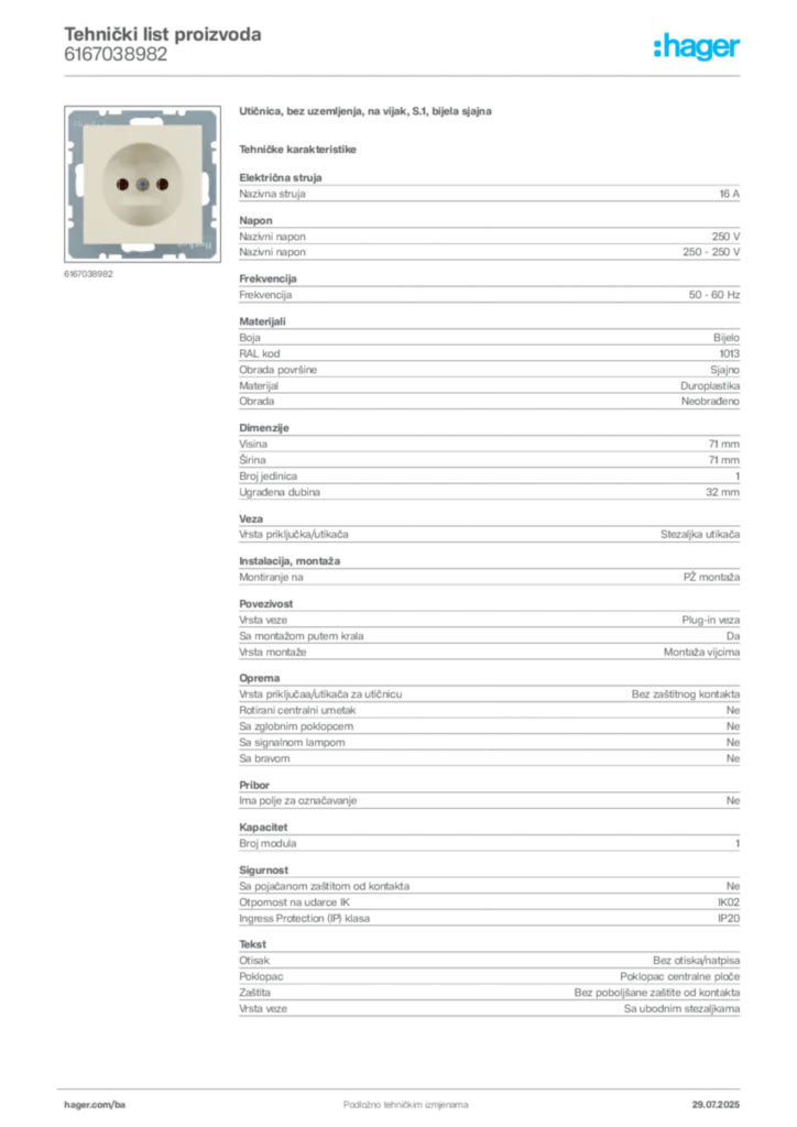 Slika Hager Product data sheet 6167038982  | Hager