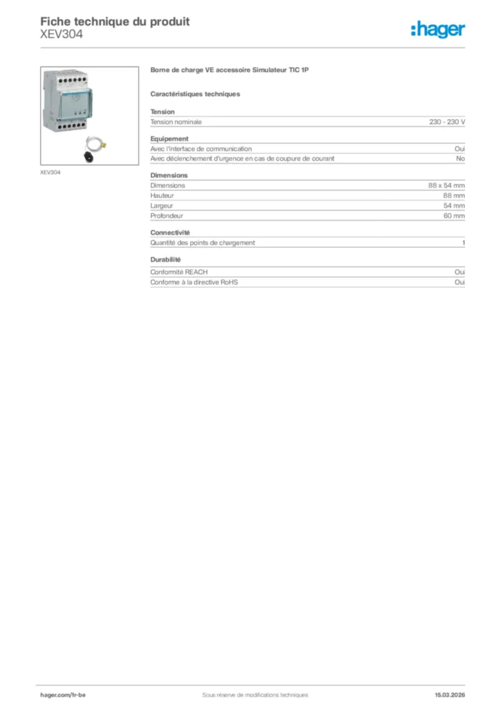 Image Hager Fiche technique du produit XEV304 | Hager Belgique