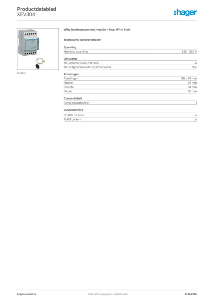 Afbeelding Hager Productdatablad XEV304 | Hager Belgium