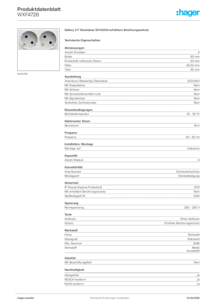 Hager Produktdatenblatt WXF472B