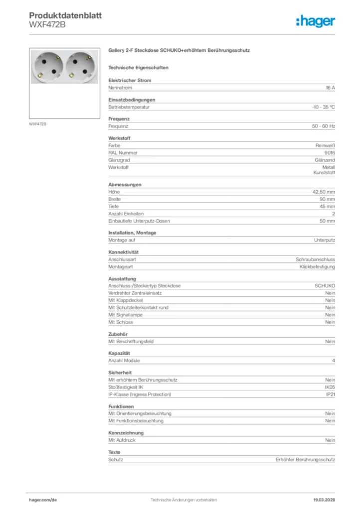 Bild Hager Produktdatenblatt WXF472B | Hager Deutschland