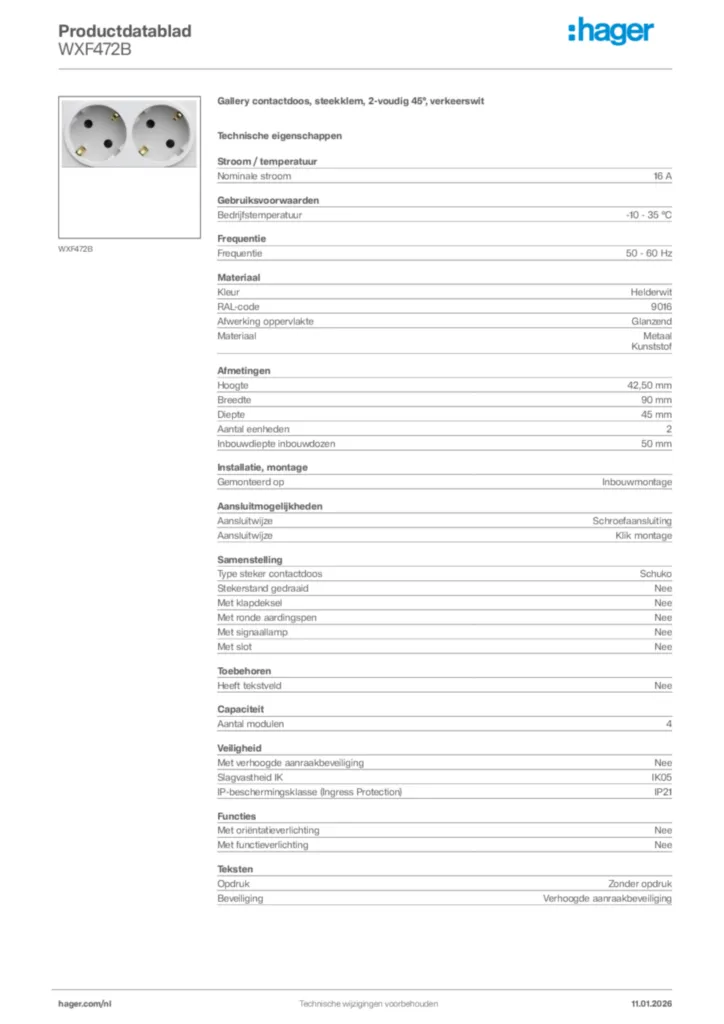 Afbeelding Hager Productdatablad WXF472B | Hager Nederland