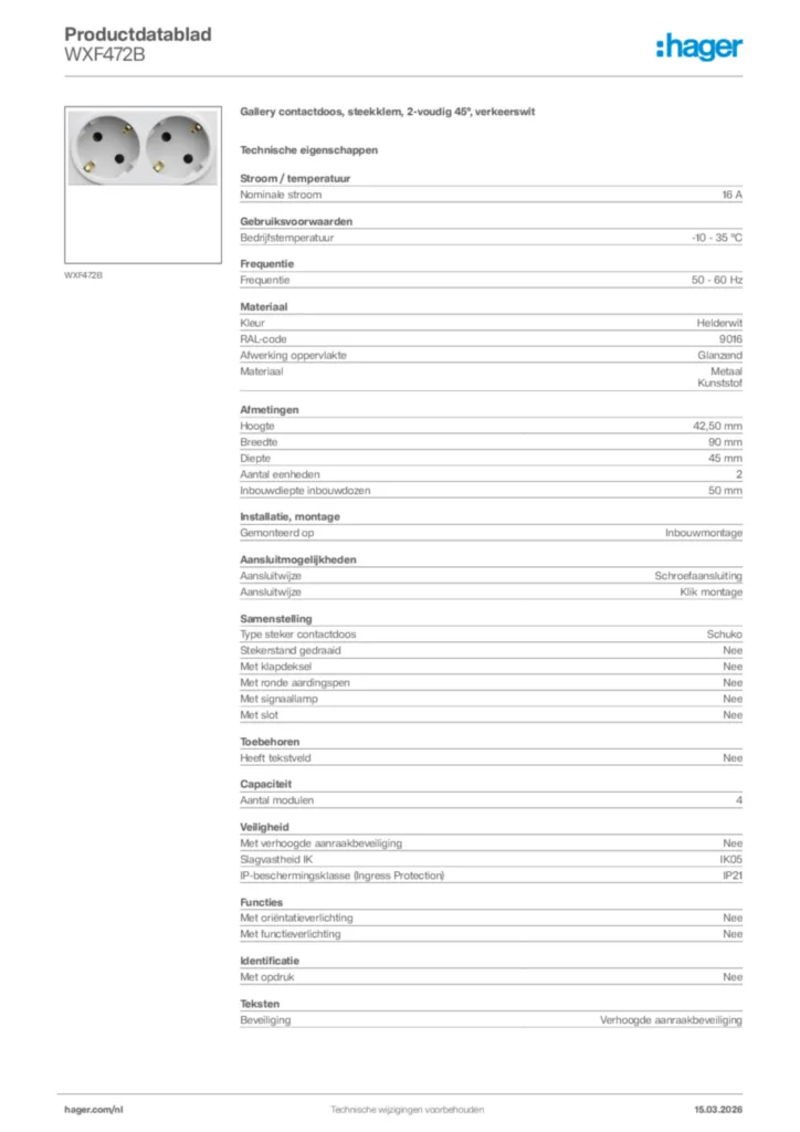 Afbeelding Hager Productdatablad WXF472B | Hager Nederland