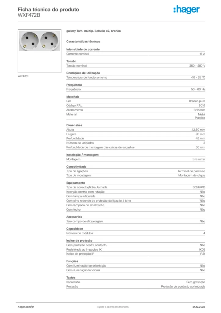 Imagem Hager Ficha técnica do produto WXF472B | Hager Portugal