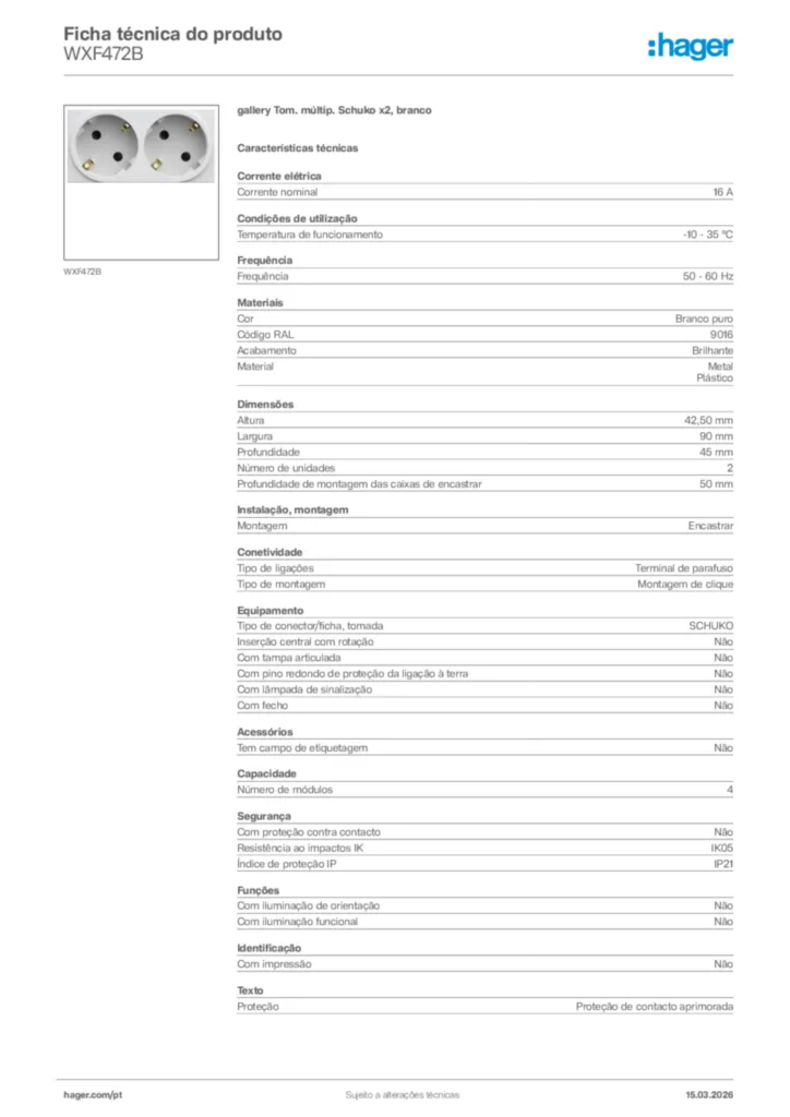 Imagem Hager Ficha técnica do produto WXF472B | Hager Portugal