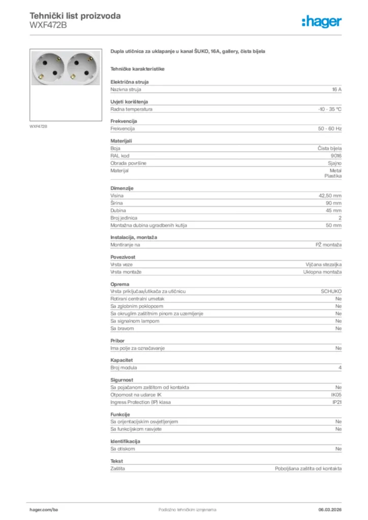 Slika Hager Tehnički list proizvoda WXF472B  | Hager