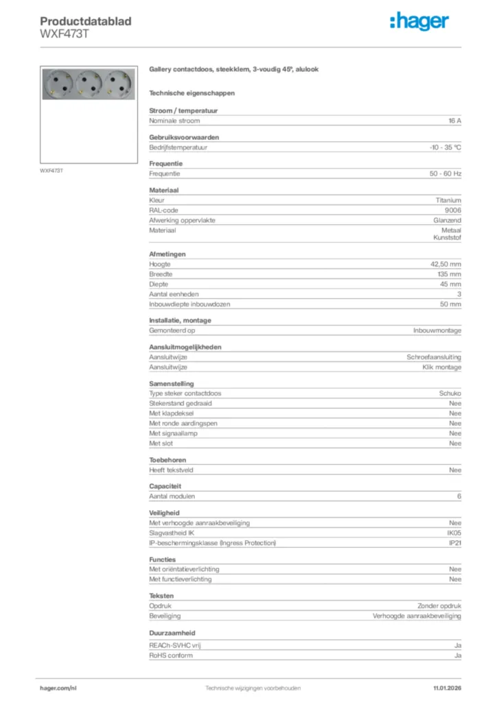 Afbeelding Hager Productdatablad WXF473T | Hager Nederland