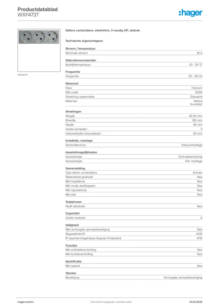 Afbeelding Hager Productdatablad WXF473T | Hager Nederland