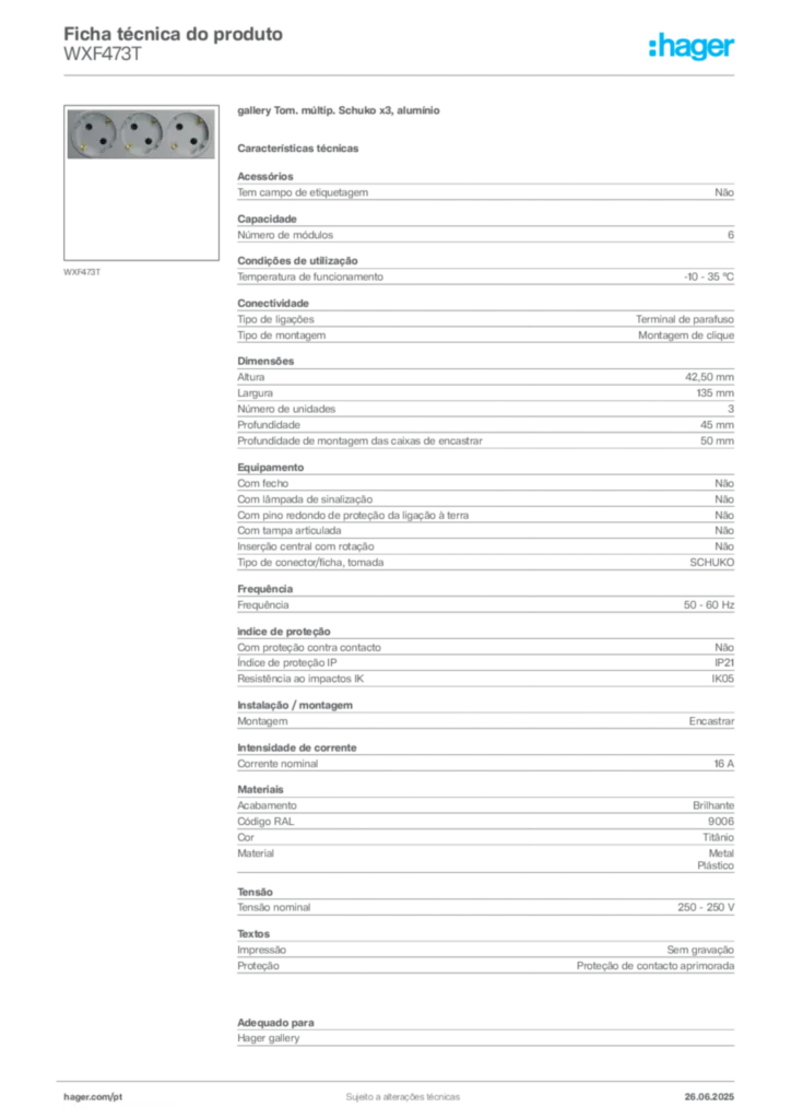 Imagem Hager Ficha técnica do produto WXF473T | Hager Portugal