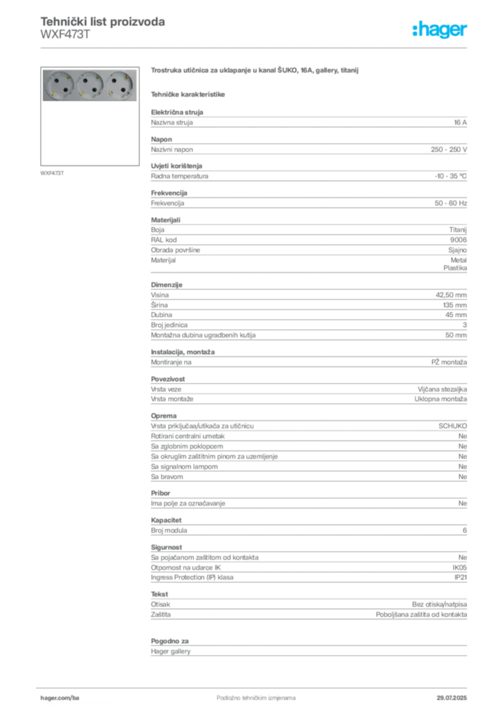 Slika Hager Product data sheet WXF473T  | Hager