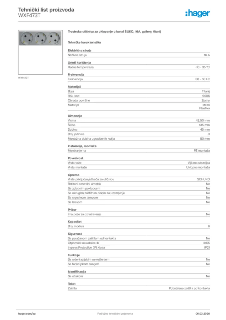 Slika Hager Tehnički list proizvoda WXF473T  | Hager