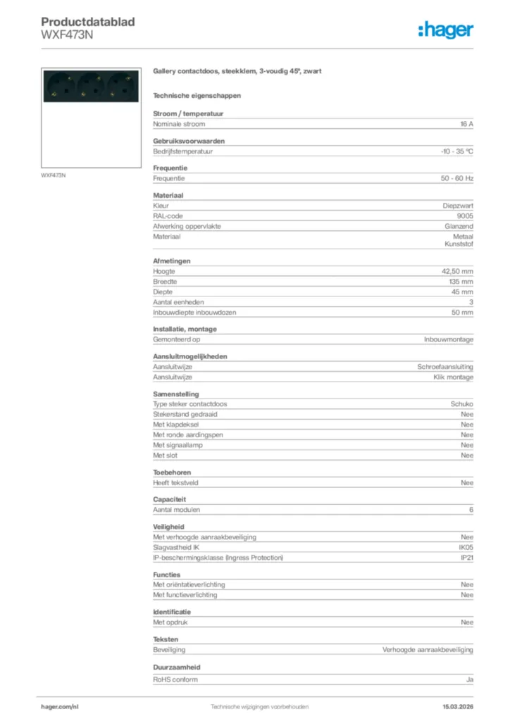 Afbeelding Hager Productdatablad WXF473N | Hager Nederland