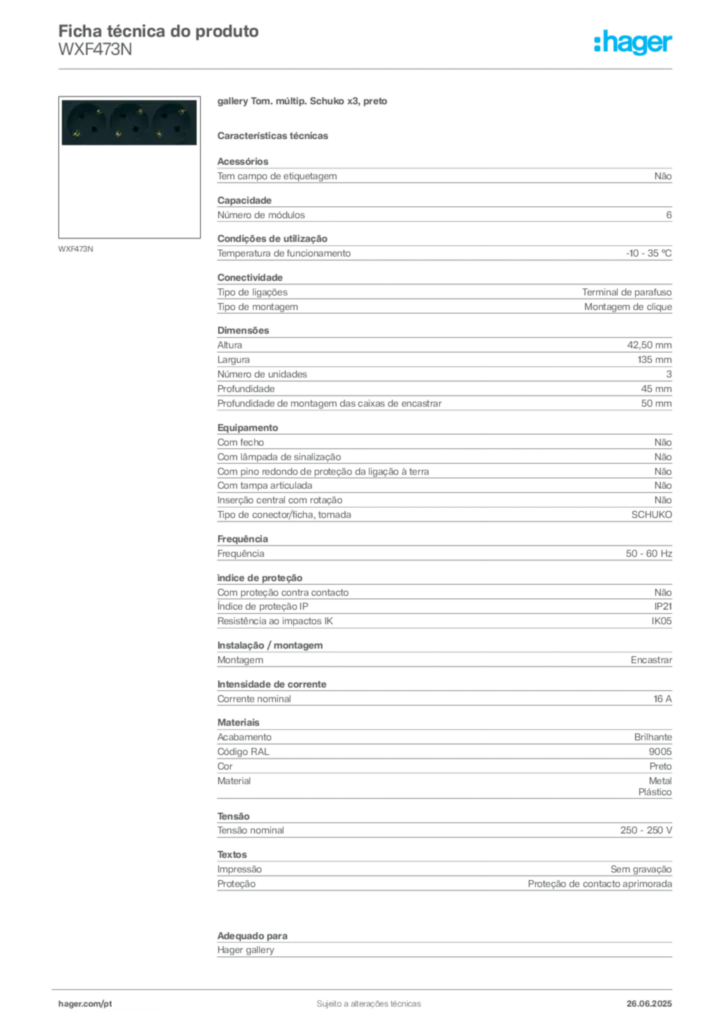 Imagem Hager Ficha técnica do produto WXF473N | Hager Portugal
